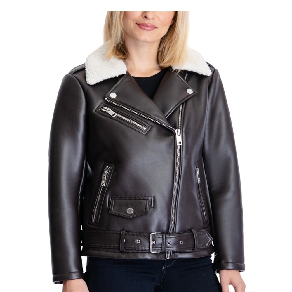 MICHAEL Michael Kors Black Leather Jacket with White Collar - Picture 5 of 6